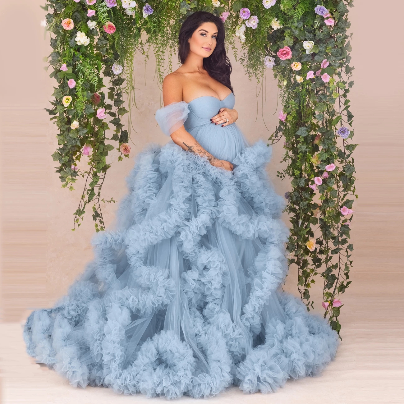 Luxury Blue Maternity Wedding Dress Photoshoots 2023 Pregnancy Baby Shower Ruffles Country Boho Wedding Gowns Beach Bridal Dress Women Vestidos de Nov