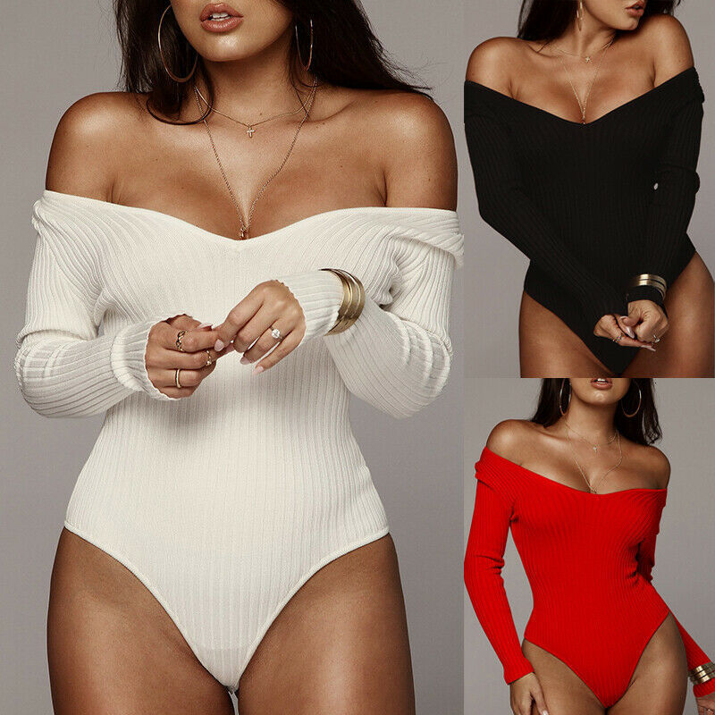 Womens Jumpsuits Rompers Sex Women Off Shoulder Bodysuit Long Sleeve Jumpsuit Romper Jumper Leotard Body Top Solid Black White Red Bodysuits 230214