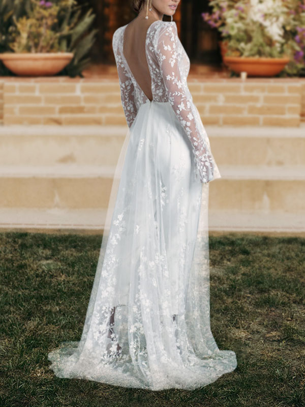 Lace Overskirt Boho Wedding Dress Jumpsuit 2023 Hippie Long Sleeve Backless Civil Beach Wedding Dresses Chic Bohemian Bridal Dresses Vestidos de Novia