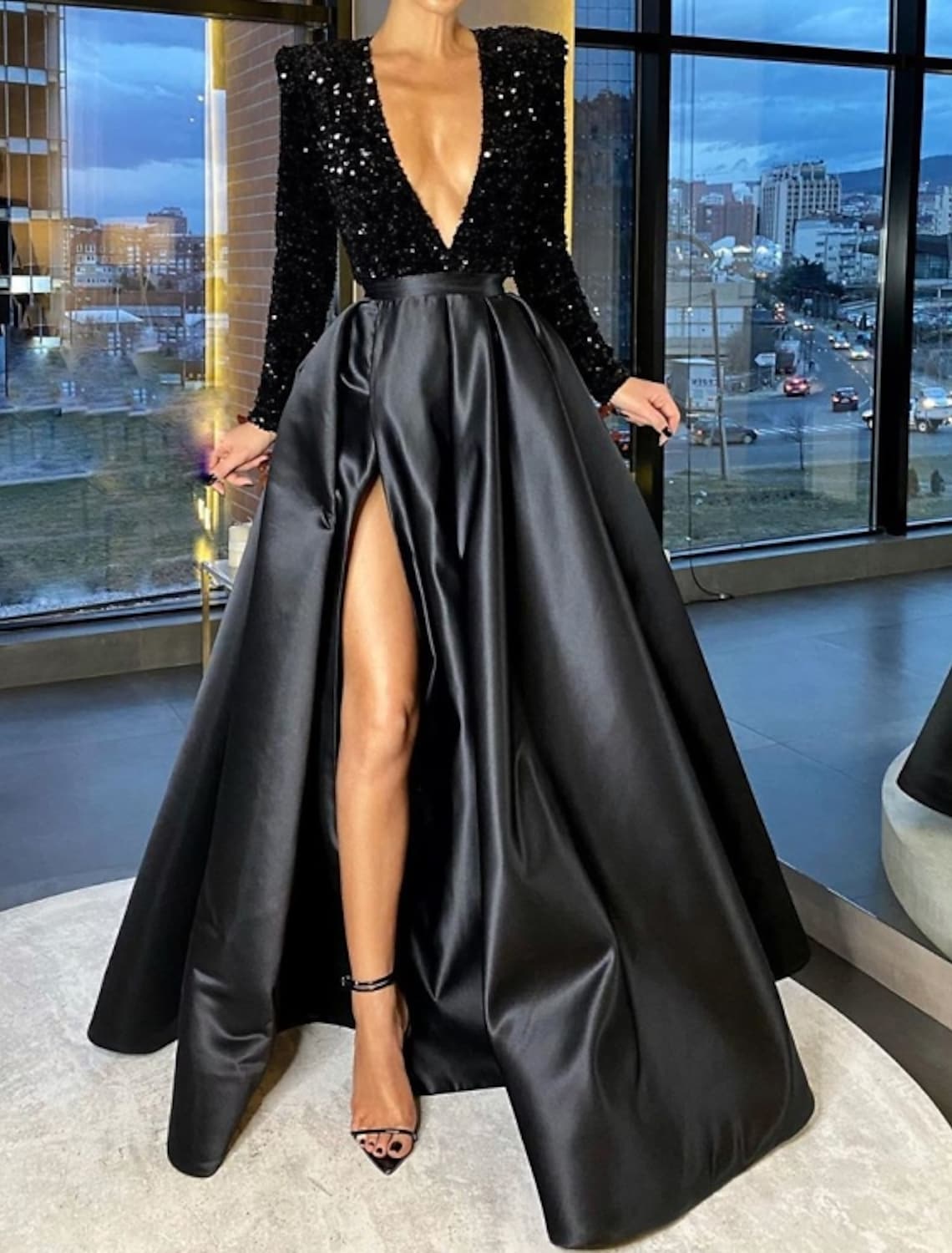 Dark Green Evening Party Dress Long Sleeve V Neck Satin Sequin Women Prom Formal Gown A-line Robe de Soiree 2023 Vestidos De Feast