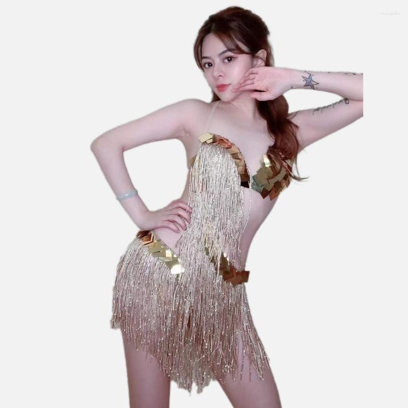 Stage Wear Halter Belt Shining Gold Sequins Tassel Hollow Out Sexy Dress For Women Nightclub DJ Clothing Prom Pole Dance Costume
Stage Wear Halter Belt Shining Gold Sequins Tassel Hollow Out Sexy Dress For Women Nightclub DJ Clothing Prom Pole Dance Costume