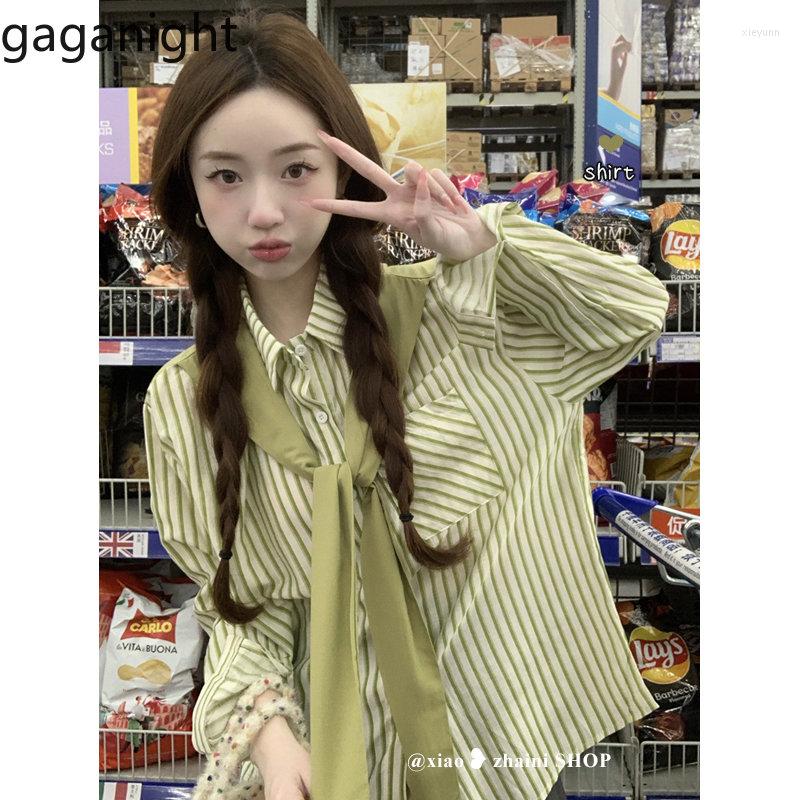 Women's Blouses Gaganight Women Stripes Fake Two Piece Shirts 2023 Early Spring Style Turn Downn Collar Unique Chic Loose Blouse Female Top, Green
