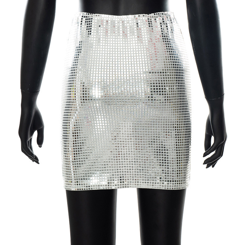 Skirts BKLD Fashion Women Spring Solid Color Silver Sequin Stitching Casual Mesh Slim Bodycon Mini Skirt Sexy Club Outfits 230214