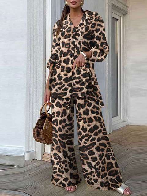 Women's Two Piece Pants Fashion Women Leopard Print Pant Sets ZANZEA Casual Loose Tops and Pant Outfits Autumn Wide Leg Pant Leisure Two Piece Se