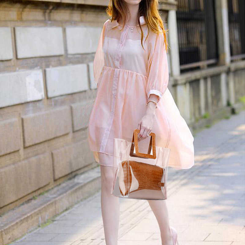 Fashion Transparent Pvc Handbags for Women Alligator Pattern Soft Pu Leather Bag Summer Beach Composite Bags Small Bucket Purses 230214