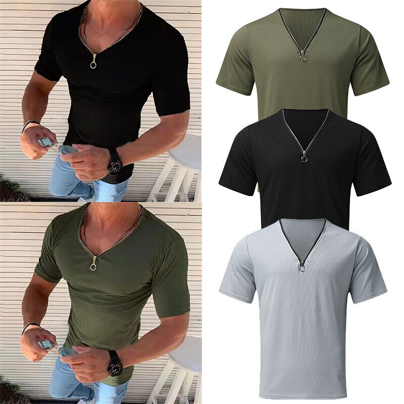 US Mens Zipper V Neck T Shirt Streetwear Casual Solid Slim Fit Short Sleeve Tops, Green
US Mens Zipper V Neck T Shirt Streetwear Casual Solid Slim Fit Short Sleeve Tops, Green