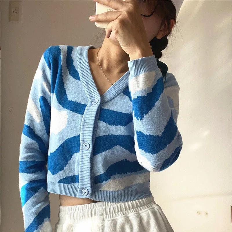 Women' Knits & Tees Camouflage Knitted Cardigan Sweater Women V-neck Single-breasted Fashion Autumn Water Ripple Cropped Short Jacket Ladie, Blue
Women' Knits & Tees Camouflage Knitted Cardigan Sweater Women V-neck Single-breasted Fashion Autumn Water Ripple Cropped Short Jacket Ladie, Blue