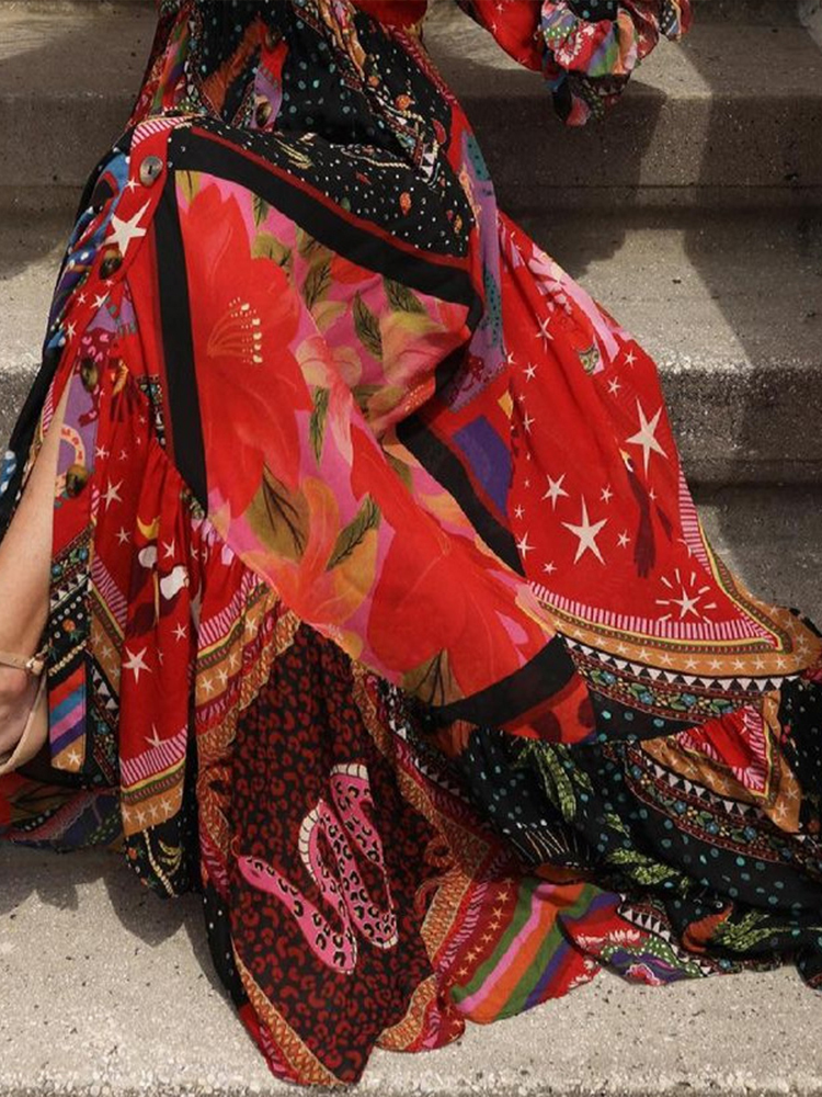 Casual Dresses Spring Summer Elegant VNeck Bohemian Loose Maxi Dress Fashion Print Vacation Beach Dresses Women Vintage Long Sleeve Dress 230214