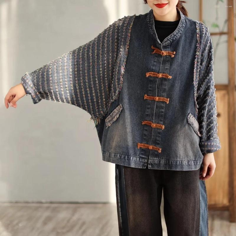 Women's Jackets Chinese Style Denim Coats Women Fashion Loose Vintage Stand Collar Button Casual Punk Splicing Bat Sleeve Outerwear 2023
Women's Jackets Chinese Style Denim Coats Women Fashion Loose Vintage Stand Collar Button Casual Punk Splicing Bat Sleeve Outerwear 2023