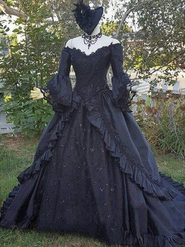 Vintage Medival Black Gothic Wedding Dress 2023 Renaissance Halloween Off Shoulders Ball Gown Lace Country Bridal With Sleeve Robe De Mariee Dentelle