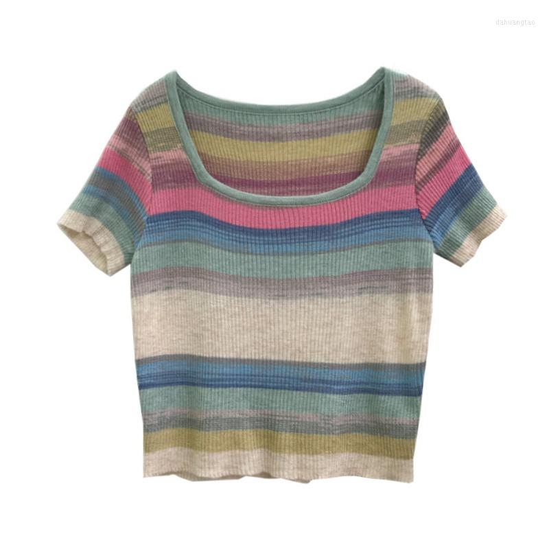 Women's T Shirts Summer Women Crop Tops Contrast Color Stitching Striped Knitted T-shirt Sweet Square-neck Short-sleeved Shirt, Blue
Women's T Shirts Summer Women Crop Tops Contrast Color Stitching Striped Knitted T-shirt Sweet Square-neck Short-sleeved Shirt, Blue