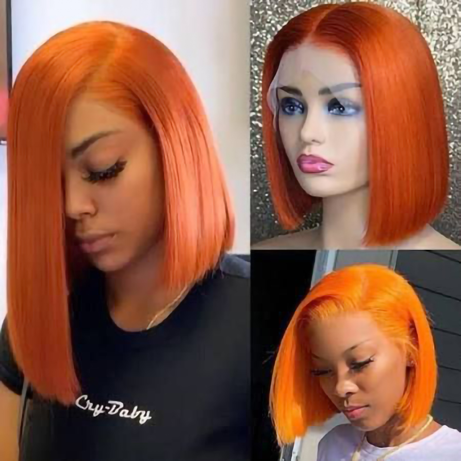 Free shipping Orange Ginger Straight Bob Transparent Lace Front Human Hair Wigs For Women Short Highlight Wig Synthetic