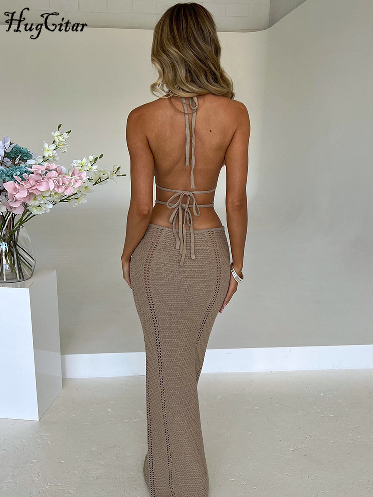 Casual Dresses Hugcitar Crochet Halter Sleeveless Backless Solid Hollow Out Bandage Sexy Slim Maxi Prom Dress Winter Festival Party Outfit 230214