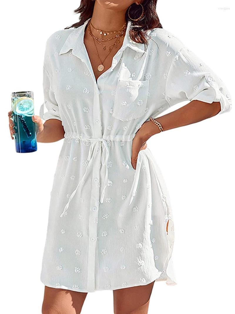 Women' Swimwear Women' Summer Bikini Cover-Up Solid Color Half Sleeve Lapel Button Closure Loose Shirt Dress With Drawstring, White
Women' Swimwear Women' Summer Bikini Cover-Up Solid Color Half Sleeve Lapel Button Closure Loose Shirt Dress With Drawstring, White