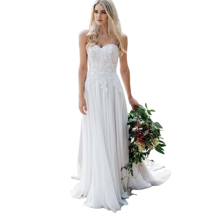Strapless Fitted Waist A-line Wedding dresses With Soft Flowing Chiffon Skirt With Train Delicate Lace And Pearl Detailing Beach Bridal Dress