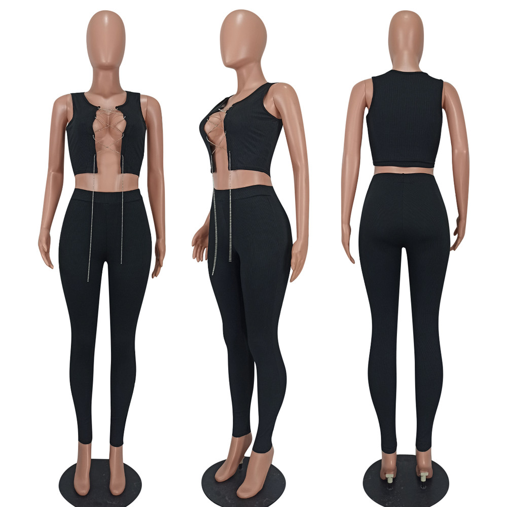 2023 NEW Designer Ribbed Tracksuits Women Summer Outfits Two Piece Sets Sexy Bandage Hollow Out Shirt Top and Pants Fashion Spring Clothes Wholesale 9