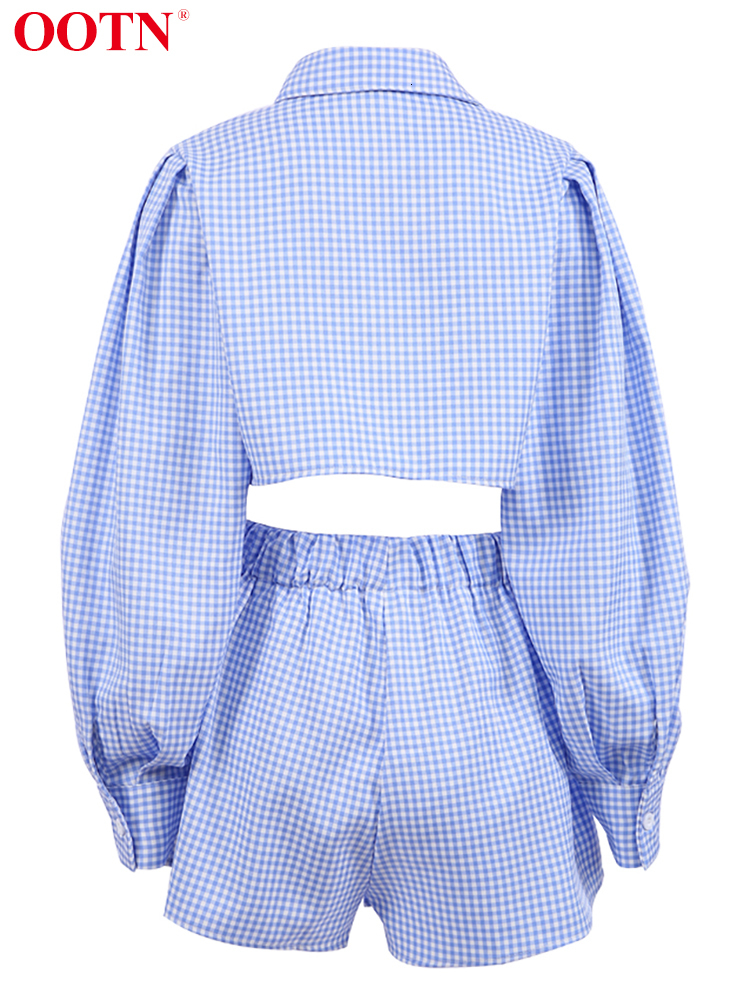 Women's Two Piece Pants OOTN Gingham Long Lantern Sleeve Female Set Crop Top Shirt With High Waist Shorts Summer Two Piece Set Elegant Women Shor