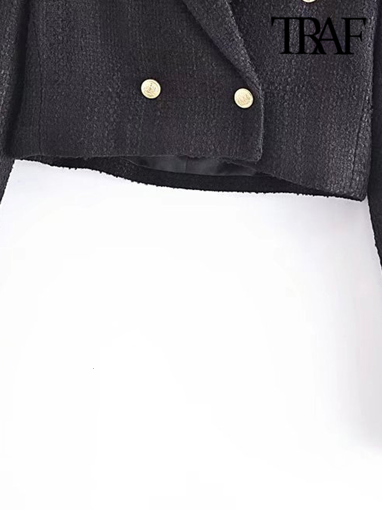 Women's Suits Blazers TRAF Women Fashion Tweed Cropped Blazer Coat Vintage Long Sleeve Front Buttons Female Outerwear Chic Veste Femme 230214