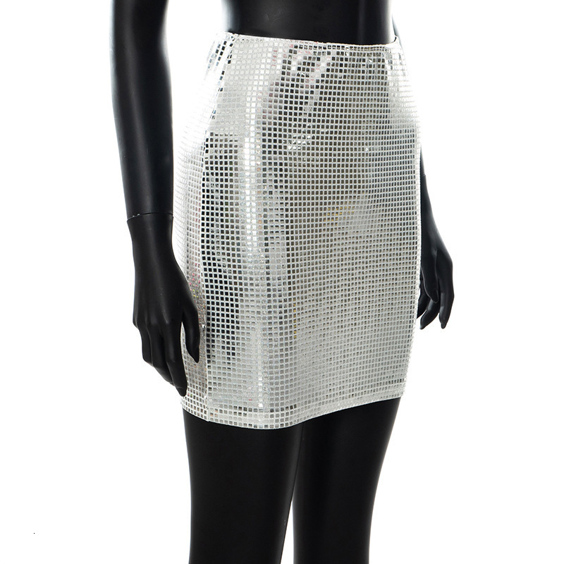 Skirts BKLD Fashion Women Spring Solid Color Silver Sequin Stitching Casual Mesh Slim Bodycon Mini Skirt Sexy Club Outfits 230214