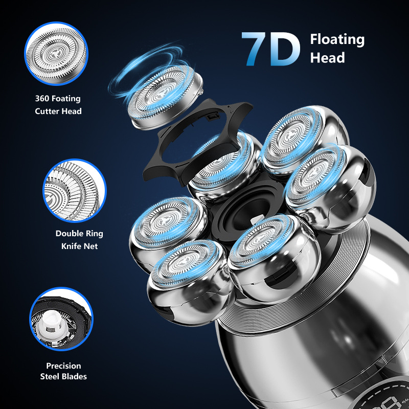 Electric Shavers Bald Men Electric Razor for Men Multifunctional Wet/Dry 7D Rotary Shaver Grooming Kit Rechargeable LED Display with Clippers Nose Tri