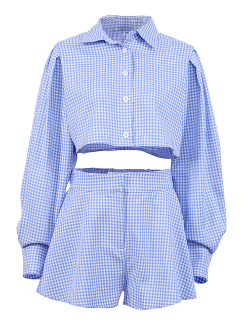 Women's Two Piece Pants OOTN Gingham Long Lantern Sleeve Female Set Crop Top Shirt With High Waist Shorts Summer Two Piece Set Elegant Women Shor