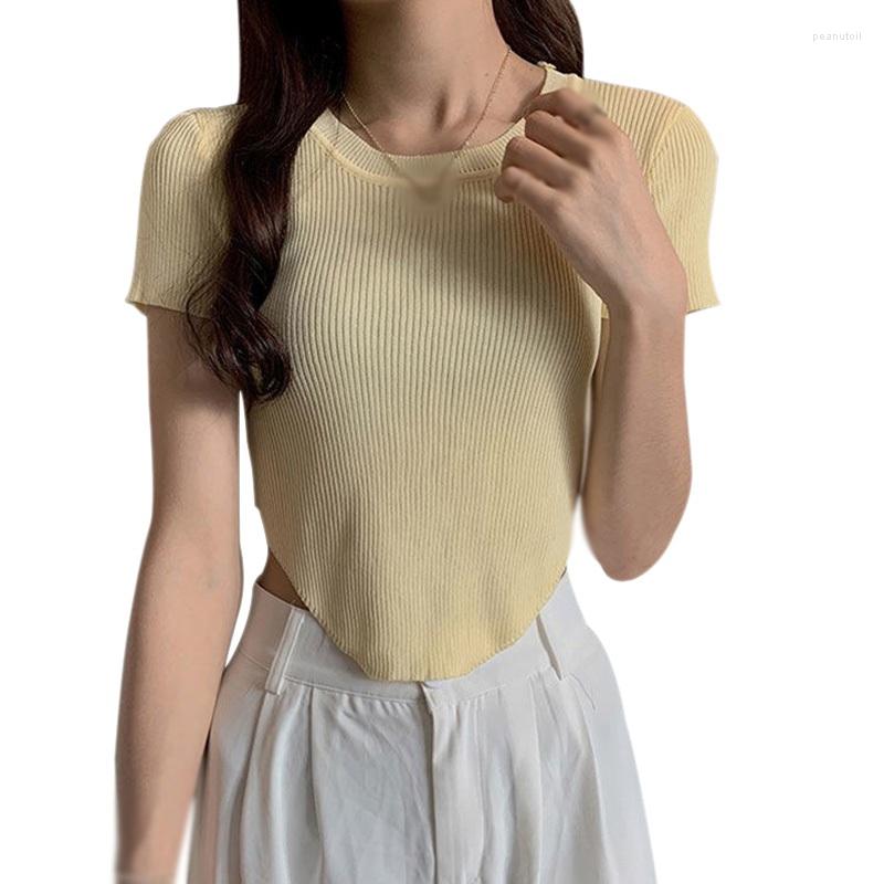 

Women's T Shirts Female Summer O Neck Irregular Simplicity Casual Tee Slim Exposed Navel Knitted Short Sleeve Shirt Top