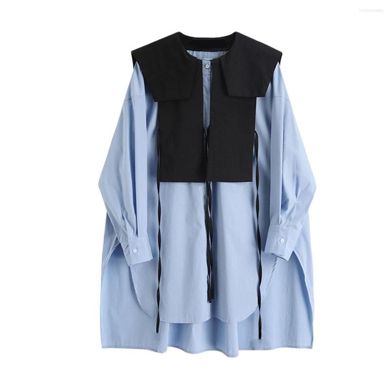 Women's Blouses Women Blue Split Long Blouse Round Neck Sleeve Loose Fit Shirt Fashion Tide Patchwork Office Lady Single Breasted Top
Women's Blouses Women Blue Split Long Blouse Round Neck Sleeve Loose Fit Shirt Fashion Tide Patchwork Office Lady Single Breasted Top