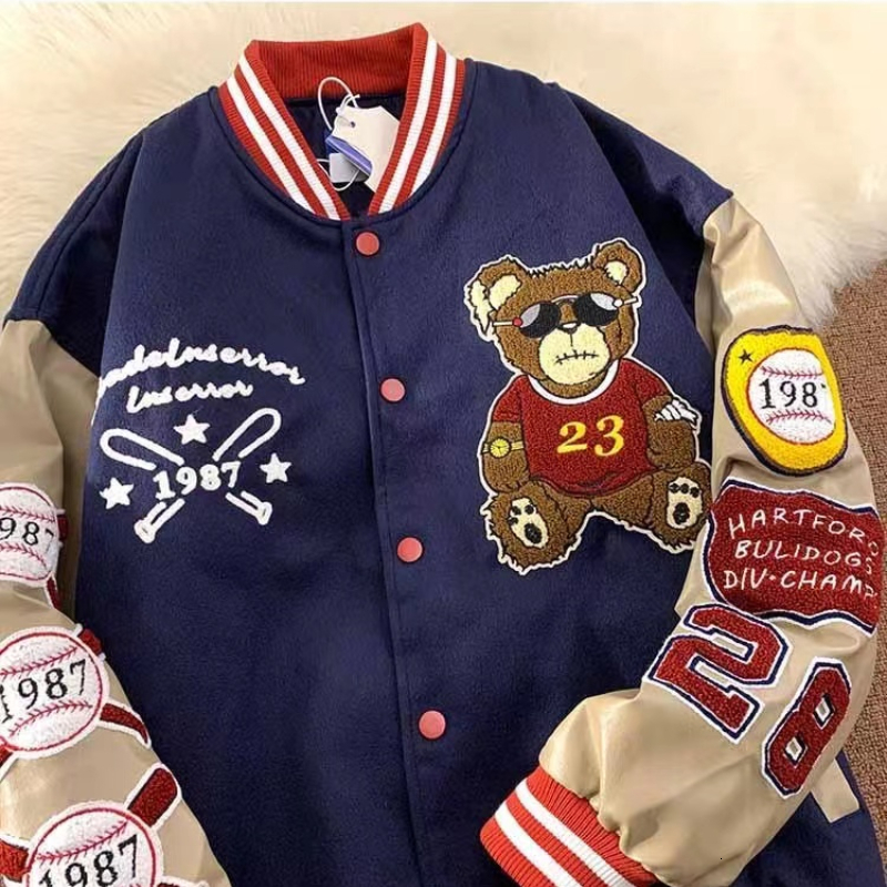 Mens Jackets American Retro Bear Embroidered Coats Y2K Street Hip Hop Trend Baseball Uniform Couple Casual Wild Jacket 230214