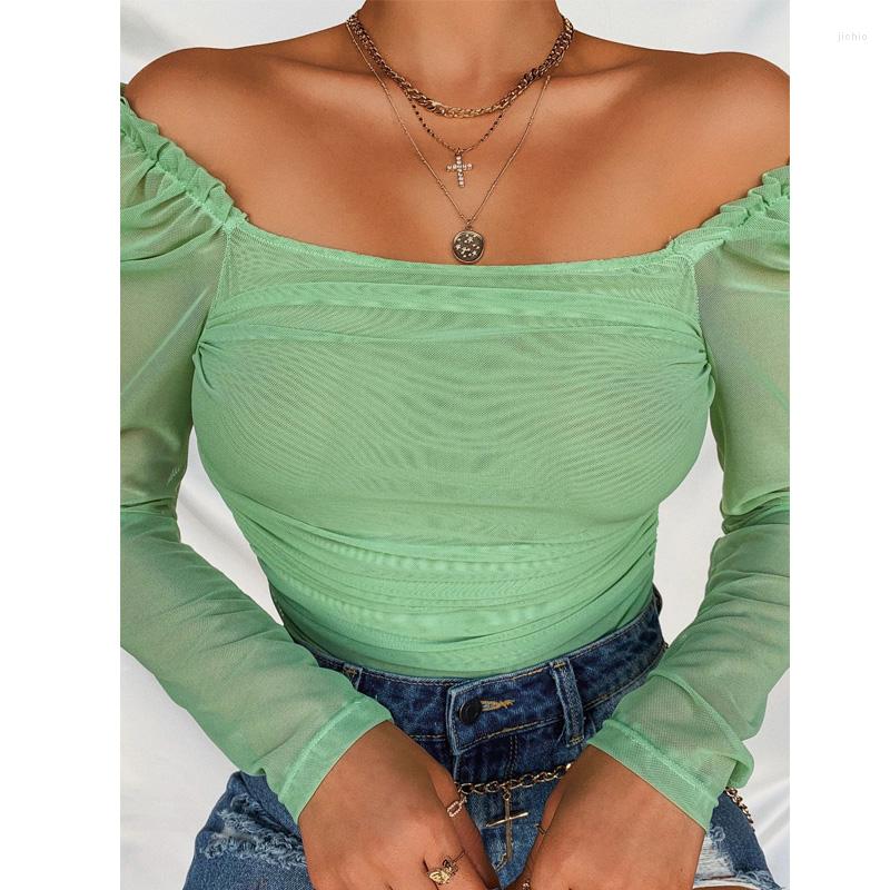 Womens Blouses Sexy Ruched Square Collar Slim Fit Blouse Women Solid Color Long Sleeve Top Puff Shoulder Mesh Lady Chic