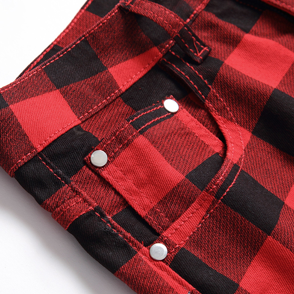 Men's Jeans Men Red Plaid Printed Pants Fashion Slim Stretch Jeans Trendy Plus Size Straight Trousers 230214