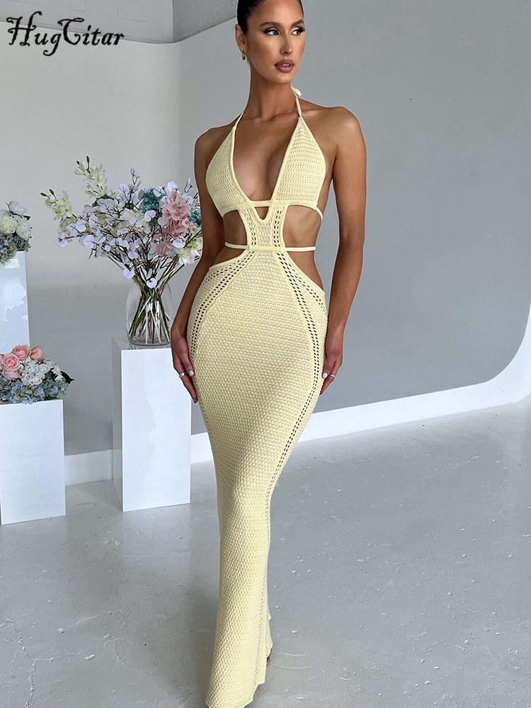 Casual Dresses Hugcitar Crochet Halter Sleeveless Backless Solid Hollow Out Bandage Sexy Slim Maxi Prom Dress Winter Festival Party Outfit 230214