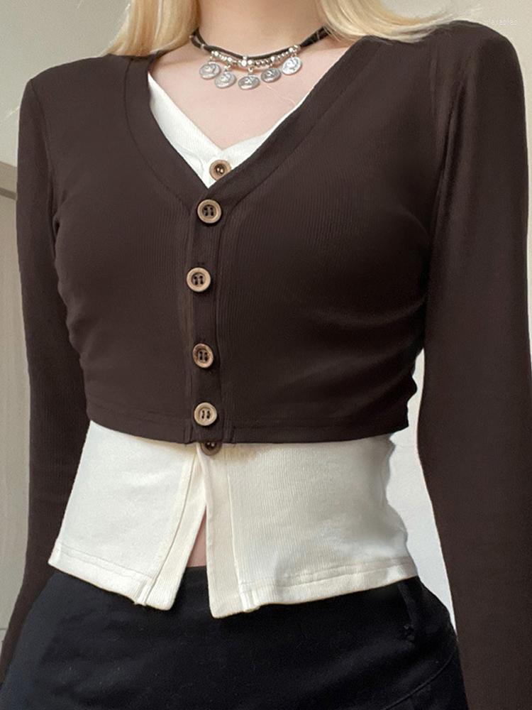 Women' T Shirts Y2K Patchwork Knitted Crop Top Button V Neck Full Sleeve Shirt Korean Harajuku Women Chic Tee Autumn Spring Outfits, Brown
Women' T Shirts Y2K Patchwork Knitted Crop Top Button V Neck Full Sleeve Shirt Korean Harajuku Women Chic Tee Autumn Spring Outfits, Brown
