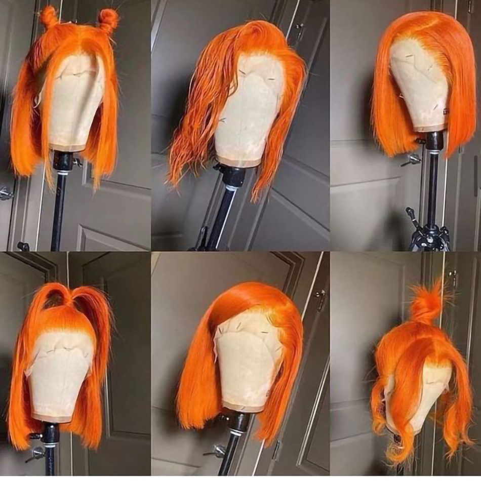 Free shipping Orange Ginger Straight Bob Transparent Lace Front Human Hair Wigs For Women Short Highlight Wig Synthetic