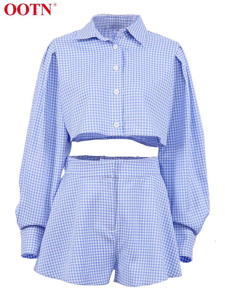 Women's Two Piece Pants OOTN Gingham Long Lantern Sleeve Female Set Crop Top Shirt With High Waist Shorts Summer Two Piece Set Elegant Women Shor