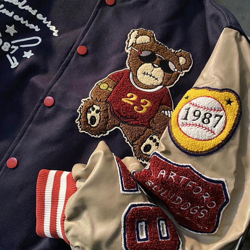 Mens Jackets American Retro Bear Embroidered Coats Y2K Street Hip Hop Trend Baseball Uniform Couple Casual Wild Jacket 230214