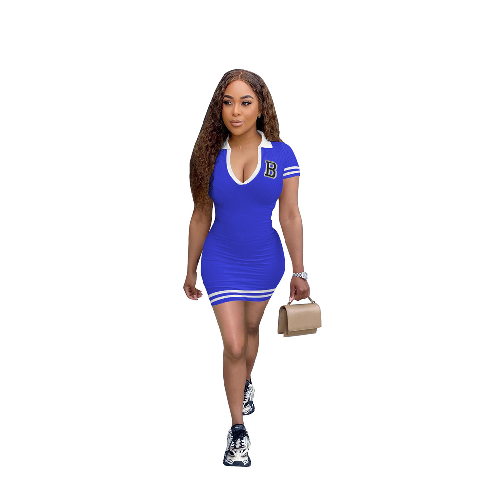 2023 Designer Women Casual Dresses Summer Short Sleeve Baseball Uniform Dress Sexy V Neck B Letter Slim Skirt Night Club Party Wear Wholesale Bulk ite