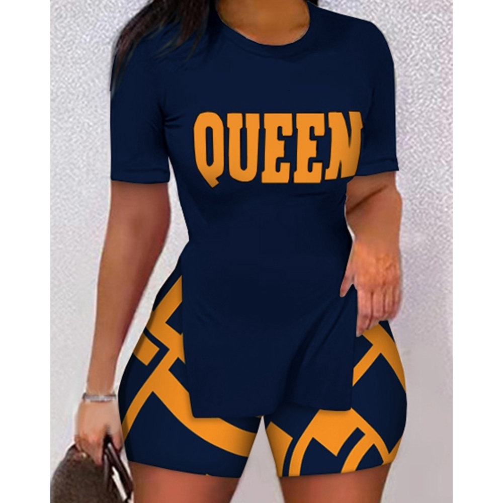 Women's Two Piece Pants Women Letter Print Split Hem Top Colorblock Shorts Set Summer Fashion Femme Oneck Two Pieces Outfits Streetwear Set 23021