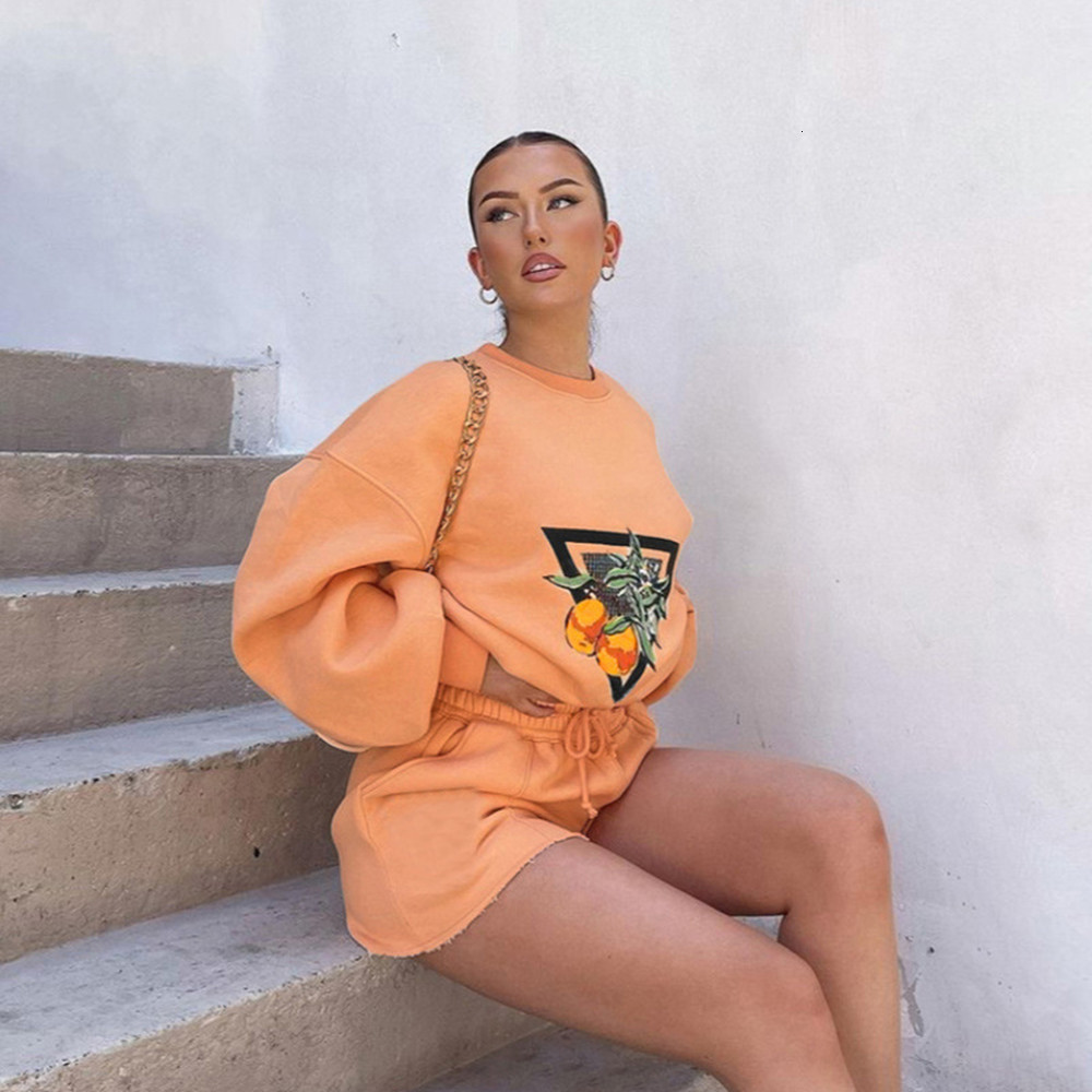 Women's Two Piece Pants Womens Tracksuits 2 Piece Set Summmer Autumn printing loose casual Sweatshirt Sporting Shorts Sweat Outfit Solid Color Se