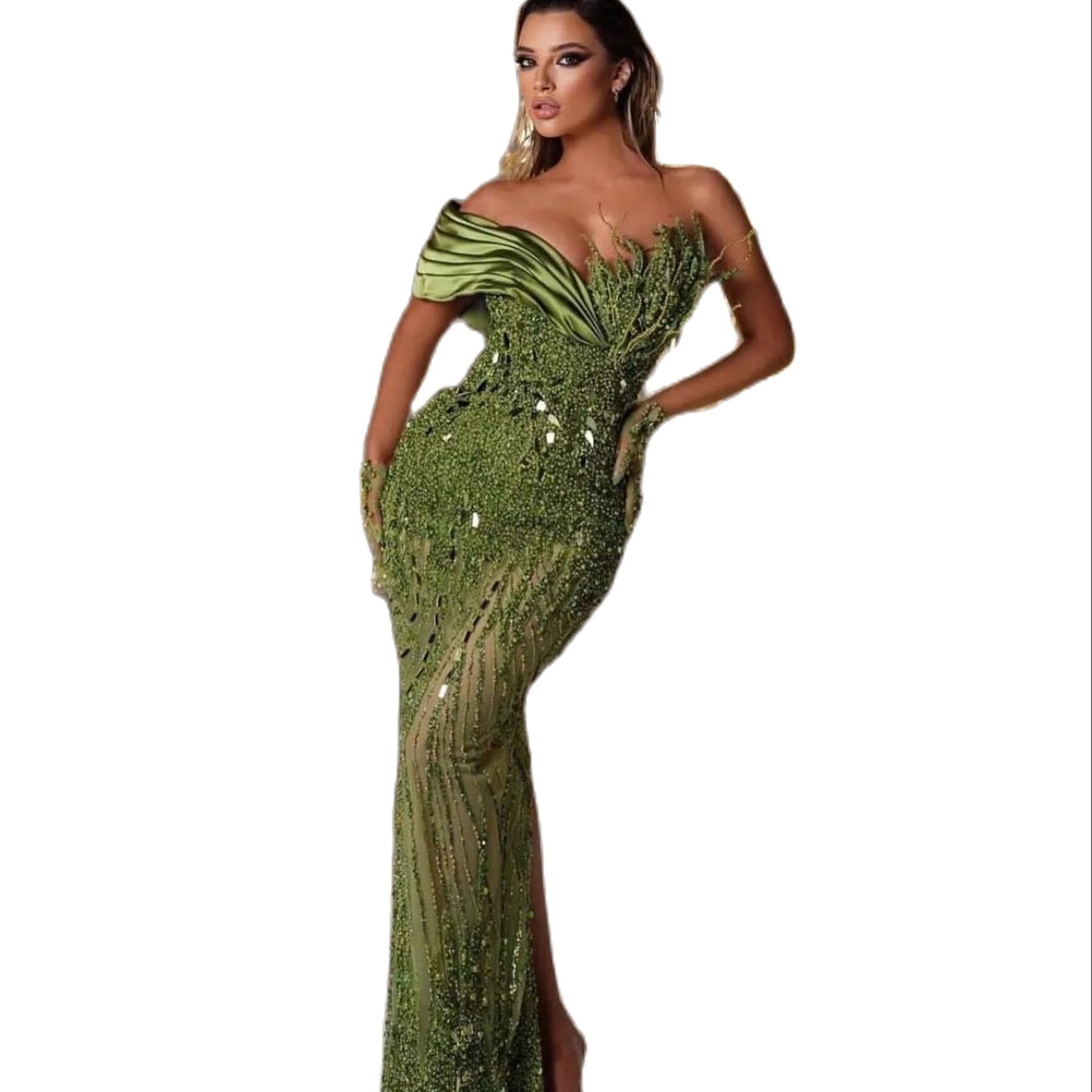 Beads Mermaid Prom Dresses Sexy Crystal Green Tailor Made One Shoulder Evening Gowns High Thigh Split Robe De Mariee