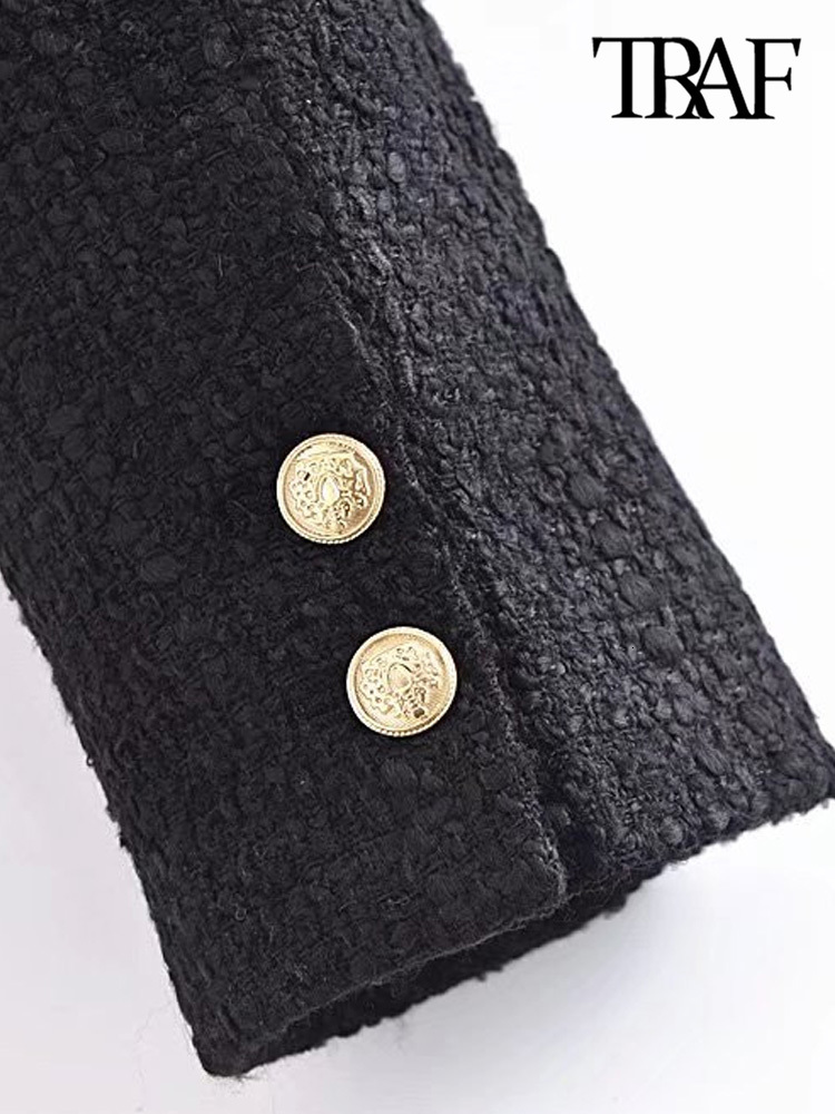 Women's Suits Blazers TRAF Women Fashion Tweed Cropped Blazer Coat Vintage Long Sleeve Front Buttons Female Outerwear Chic Veste Femme 230214
