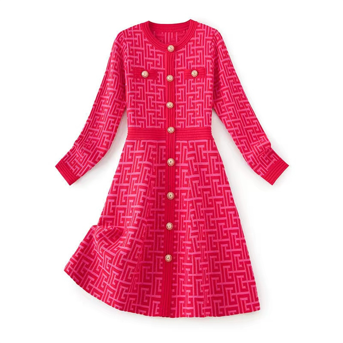 Fashion Casual Dresses Elegant Women Beading Button Knitted Autumn Red Pearl Bowknot Lapel Collar Sweater Blouses Size S-2Xl
