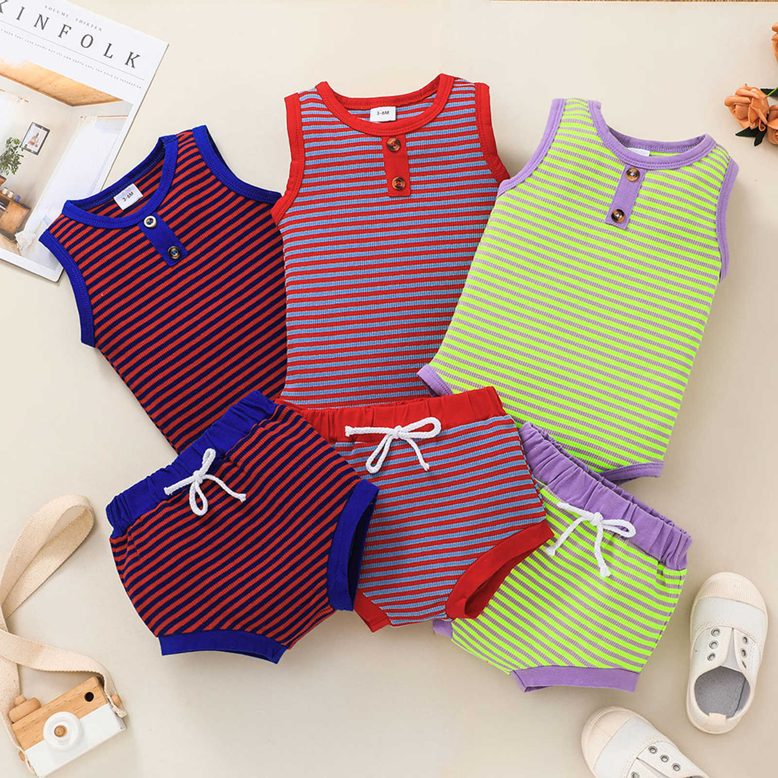 Sets Baby Girls Boys Pieces Clothes Set Outfit Summer Fashion Stripe Sleeveless RomperElastic Shorts Toddler Casual Clothing Suit, Red 
Sets Baby Girls Boys Pieces Clothes Set Outfit Summer Fashion Stripe Sleeveless RomperElastic Shorts Toddler Casual Clothing Suit, Red