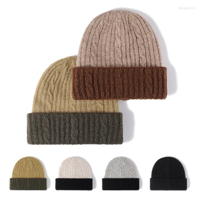 

Berets Women Hat Outdoor Wool Blend Ribbed Knit Winter Girls Boys Fashion Color Thick Cuff Beanie Cap For Men Couple, Green