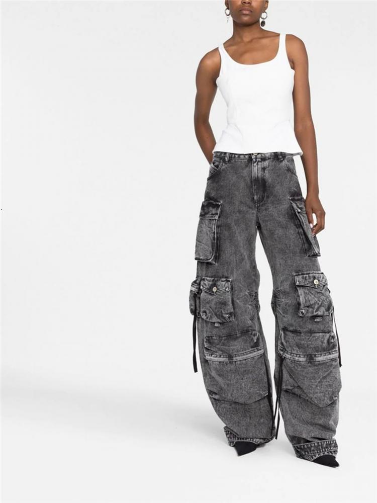 Women's Jeans GetSpring Women Denim Pants Autumn Winter Multi pocket Wide Leg Jeans Fashion Loose Leisure Long Denim Trousers Arrvial 230214