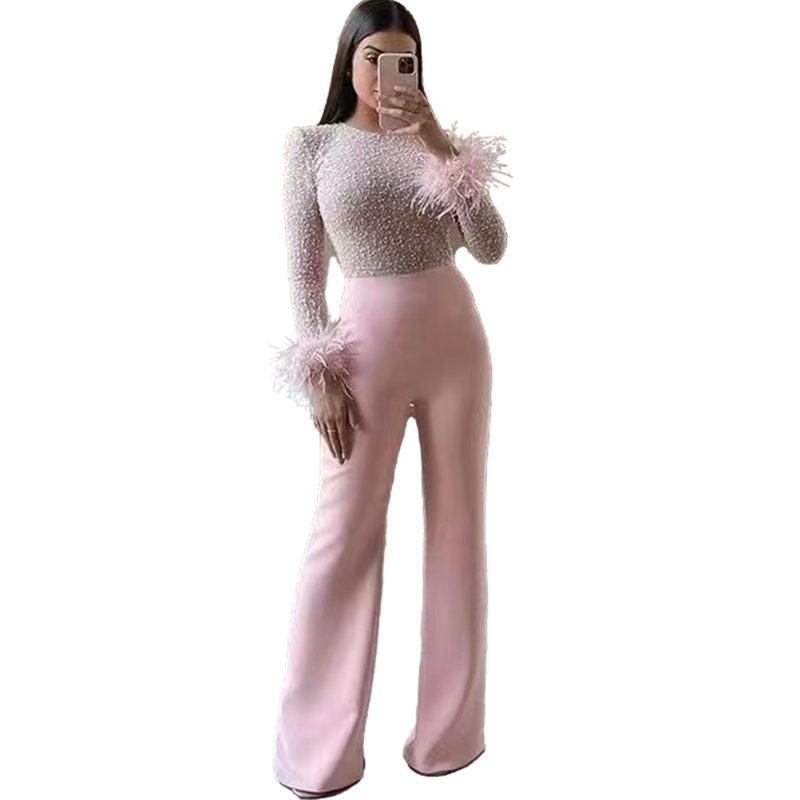 Modern Women Jumpsuits Prom Dresses Feathers Long Sleeves Sequins And Pearls Beaded Shiny Pink Formal Evening Gowns Muslim Special Occasion Wear 2023