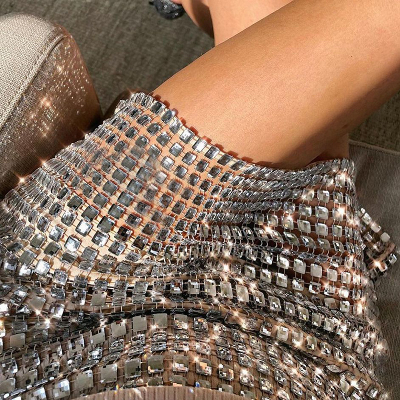 Skirts BKLD Fashion Women Spring Solid Color Silver Sequin Stitching Casual Mesh Slim Bodycon Mini Skirt Sexy Club Outfits 230214