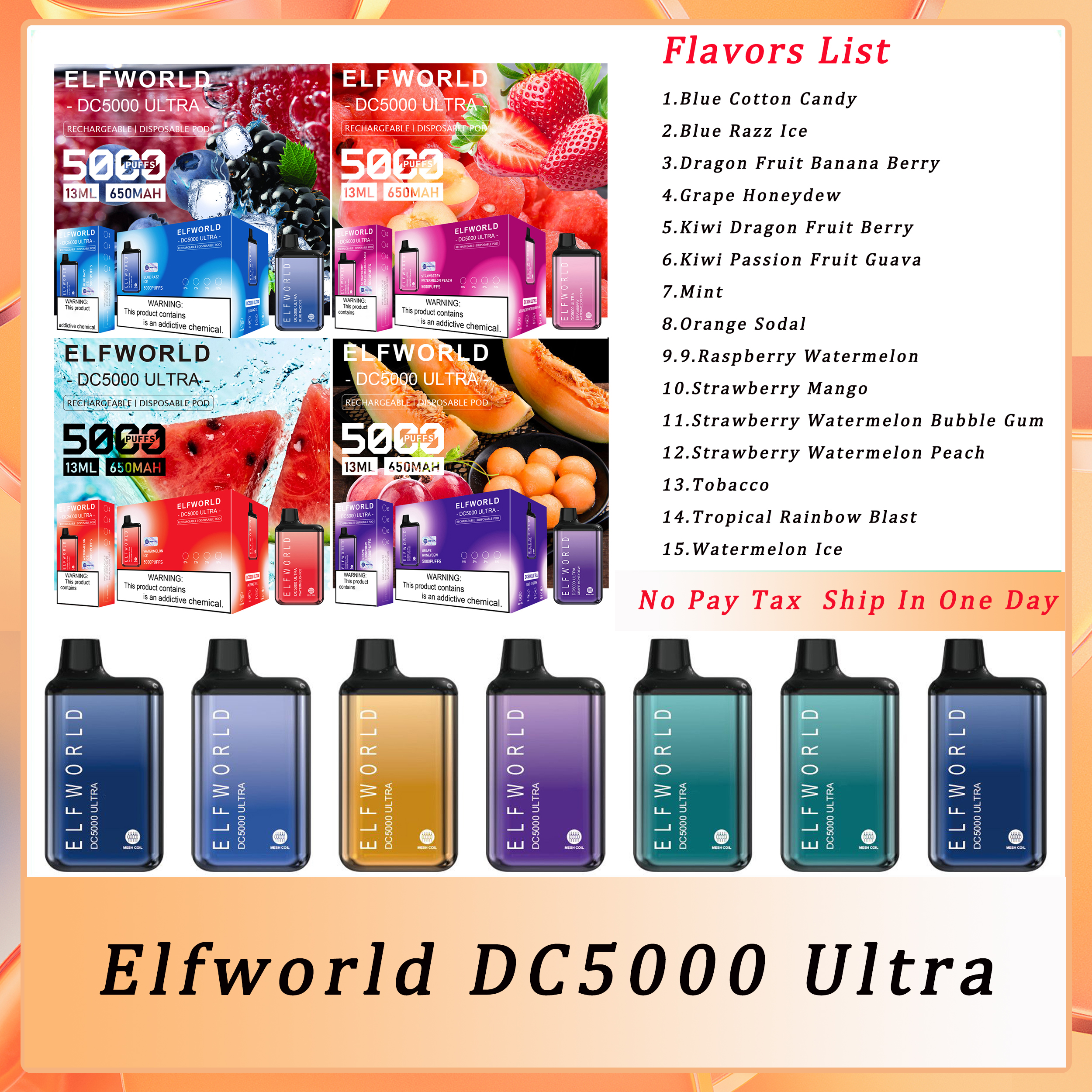 Original Elfworld Ultra 5000 Puffs Disposable Vape Pen E Cigarette With Rechargeable 650mAh Battery 13ml Prefilled Pod DC5000 Bar Kit 15 Flavors VS Elf
Original Elfworld Ultra 5000 Puffs Disposable Vape Pen E Cigarette With Rechargeable 650mAh Battery 13ml Prefilled Pod DC5000 Bar Kit 15 Flavors VS Elf