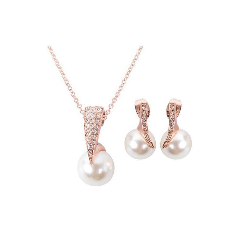 3pcs Women Trendy Pearl Earrings Necklace Jewelry Set Superior Quality Rhinestones Bride Party Earring