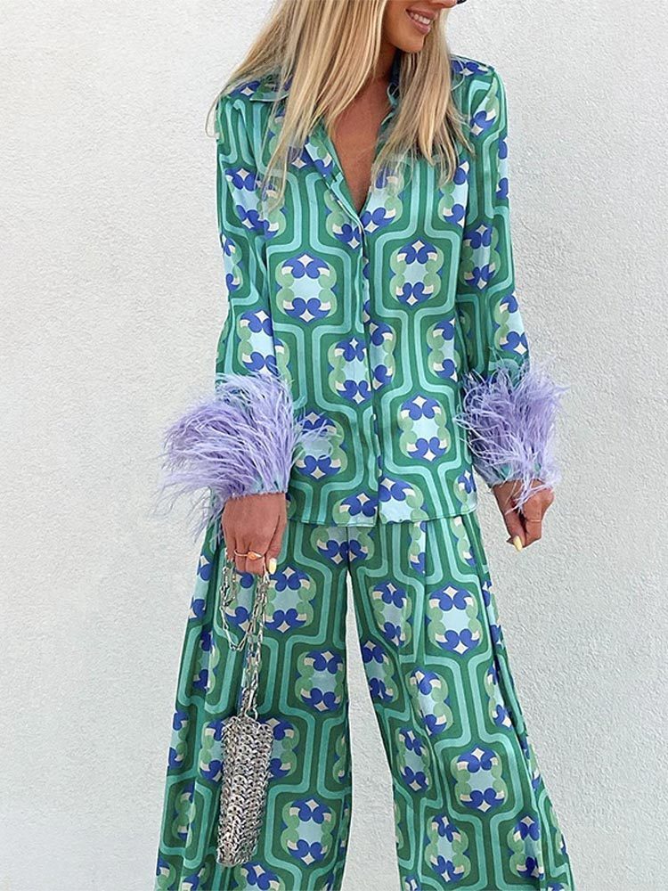Women' Two Piece Pants Women Floral Print Cuff With Feathers Blouses Wide Leg Pants Suits Vintage Button Up Shirts Female Trousers Sets Outfits 230213, Green pants
Women' Two Piece Pants Women Floral Print Cuff With Feathers Blouses Wide Leg Pants Suits Vintage Button Up Shirts Female Trousers Sets Outfits 230213, Green pants