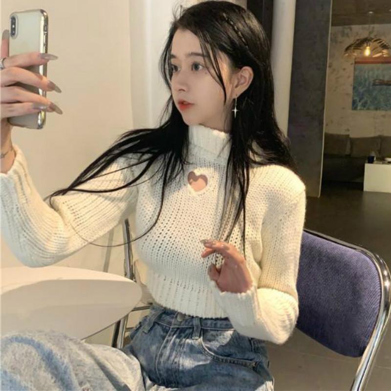 Womens Sweaters Pullovers Womens Knitted Hollow Out Turtleneck Sweet Cute Sexy Short Tops Slim Chic Ins Korean Style Ulzzang Fashion Sweate